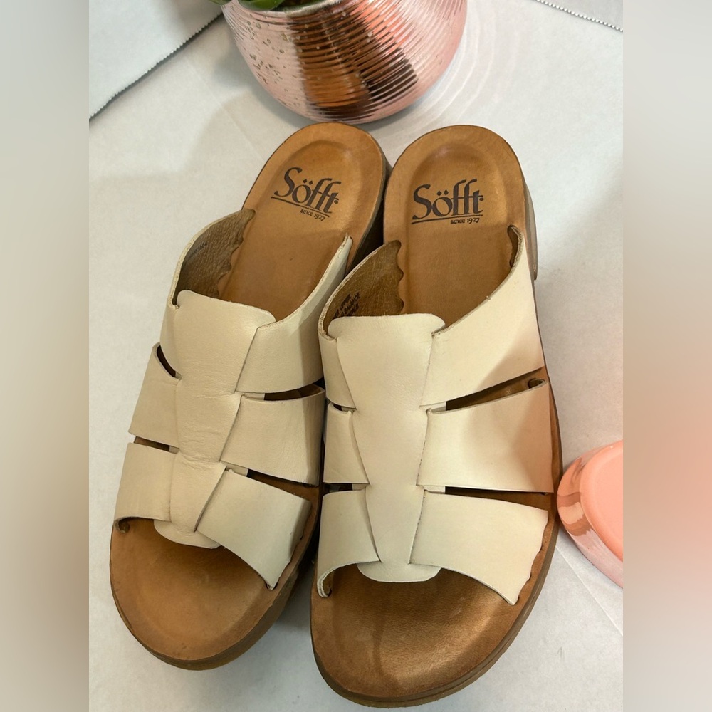Söfft Cream Leather Slide Mules with Woven Strap Detail